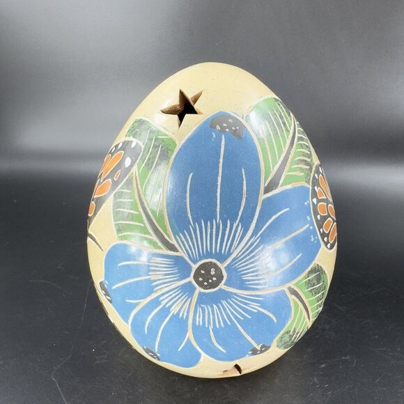 Hand Crafted Pottery Luminary Tea Light Holder Norman Calero Flower Butterfly - Picture 12 of 16